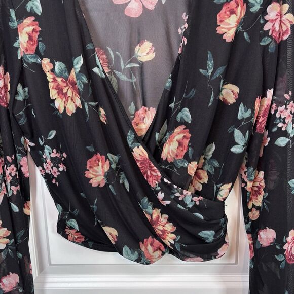 Vintage 90's Windsor Wrap Top Black Floral Gypsy Crop Top Bohemian Women's M - Picture 2 of 9